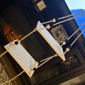 Handmade Modern White Geometric hanging shelf with Beaded Accents